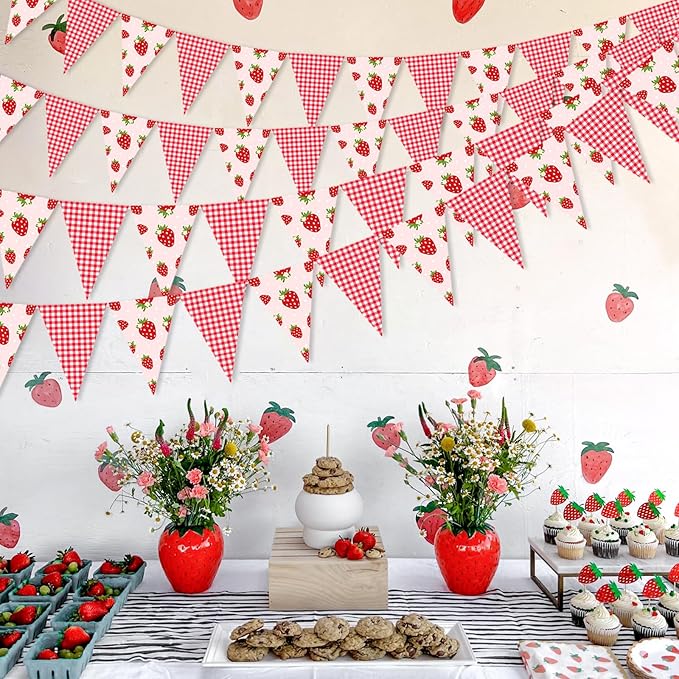 JOYMEMO 5 Pieces Strawberry Pennant Banners - Pre-Strung Strawberry Single Sided Paper Triangle Flag, Strawberry Party Decorations for Girls, Berry Themed Birthday Party Baby Shower Supplies