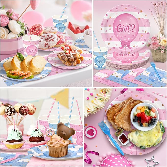 300Pcs Gender Reveal Plates and Cups and Napkins Sets with Forks and Straws, Party Supplies, Pink and Blue Plates, He or She Baby Gender Reveal Decorations, Boy or Girl (Serves 50)