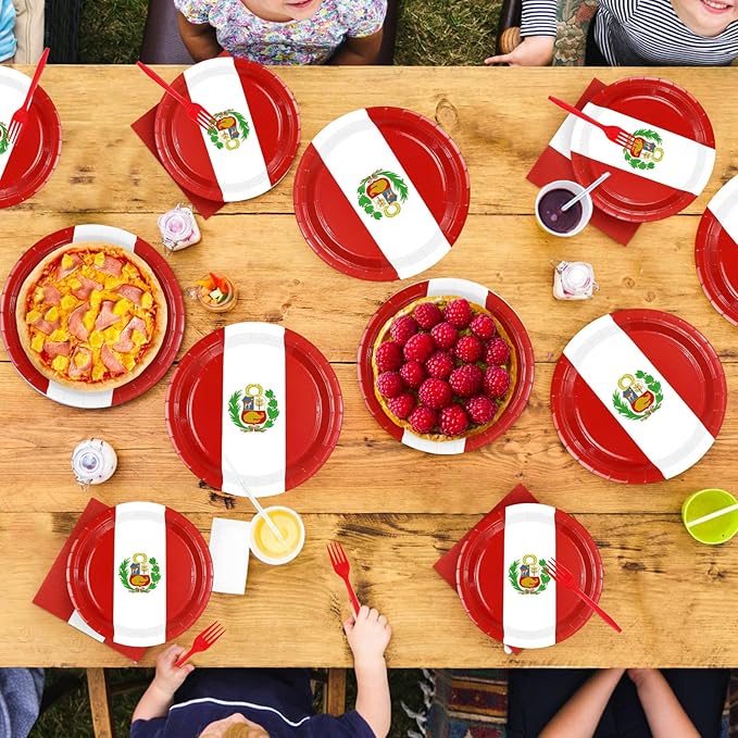 96Pcs Peru Flag Party Supplies Peruvian National Day Plates and Napkins Peru Red and White Tableware Set for Peruvian National Sports Events Patriotic Festival Party Decorations，Serves 24