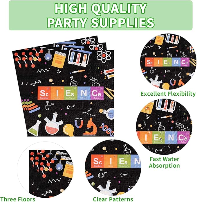 Grencian 96 Pcs Science Party Supplies 350 GSM Science Plates and Napkins Disposable Tableware Set Mad Scientist Dinnerware for Kids Little Scientist Decoration Favors Serves 24