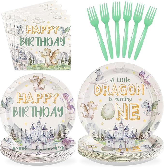 96Pcs Dragon 1st Birthday Party Decorations A Little Dragon is Turning One Plates and Napkins Cartoon Dinosaur Theme Tableware Sets for Kids 1st Birthday Baby Shower Party Supplies Serves 24