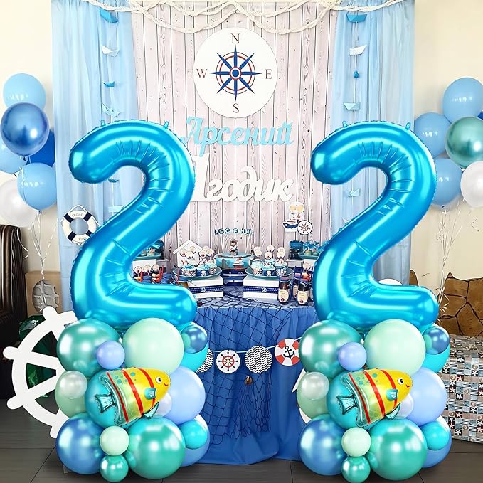 Blue Number 2 Balloon 40 Inch Ocean Under the Sea Number Two Foil Balloons Tower with Shark Bubble Fish for Boys Second 2nd Birthday Party Decor Green Underwater Digital Aluminum Balloons Stack