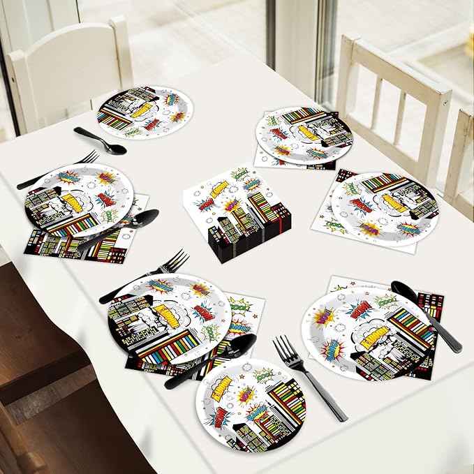 96 PCS Super Theme Hero Party Plates Napkins Hero Themed Party Tableware Hero Action Sign Disposable Paper Plates Napkins Happy Birthday Party Decorations Supplies Favors for 24 Guests