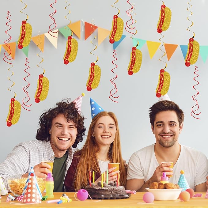 Hotdog Sign Hanging Swirl Decorations - Glitter 16 Pcs Fiesta Birthday Party Supplies - Girls Boys Birthday Party - Engagement - Wedding Streamers - Hot Dog Party Foil Swirls Ceiling Decorations