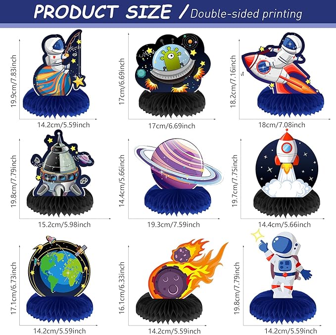 Marspark 9 Pcs Outer Space Themed Honeycomb Centerpiece Outer Space Decorations Birthday Party Table Toppers Double Sided Table Decorations Planet Rocket Astronaut Ufo Solar System Party Supplies