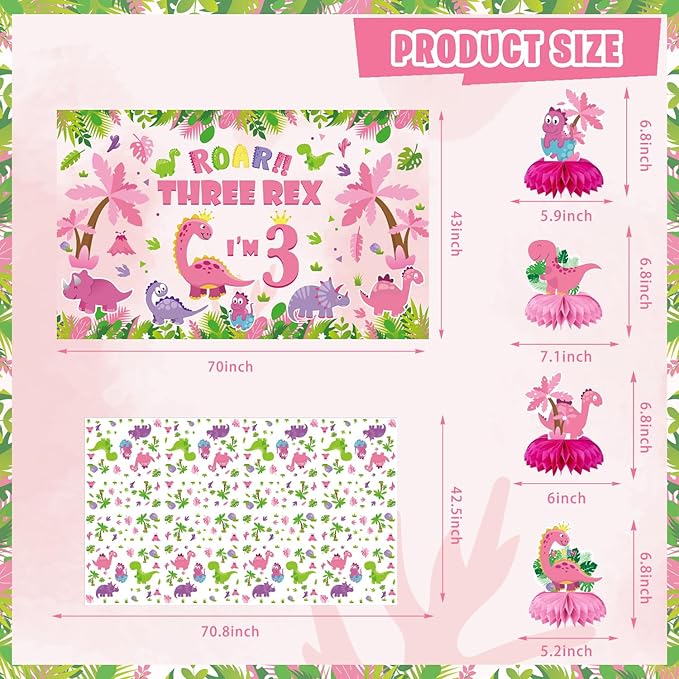 Pink Dinosaur Birthday Decorations for 3 Year Old Girls, 134 Pcs Three Dino Rex Girl Dinosaur Party Supplies for Girl - Backdrop, Toppers, Tablecloth, Centerpieces, Banner, Crown, Poster