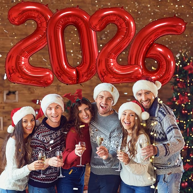KALOR 42 Inch 2026 Red Foil Mylar Number Balloons, 2026 New Years Decorations for 2026 Happy New Year Eve and Graduations Party Supplies