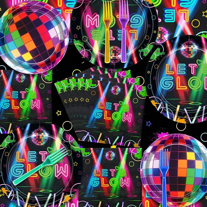 81Pcs Neon Party Supplies Set - Serves 20, Glow in the Dark Party Supplies, Includes Plates, Napkins, Fork, Tablecloth for Halloween Glow Birthday Decorations