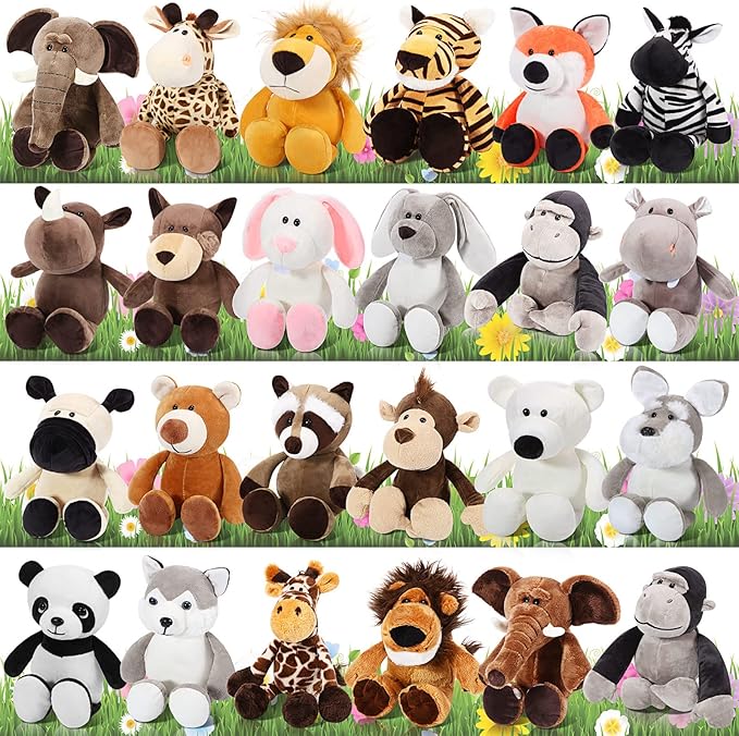 Lenwen 24 Pcs Safari Stuffed Animals Set 10 Inch Jungle Plush Animals Bulk Lion Elephant Giraffe Zebra Panda Soft Stuffed Toys for Jungle Party Favors, VBS Prizes Rewards Gifts