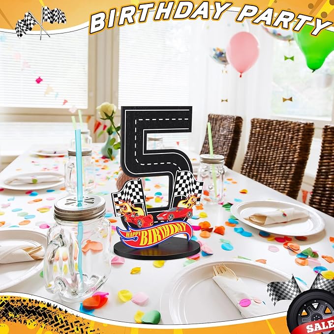 Race Car 5th Birthday Number Sign Centerpiece Race Car Theme 5th Birthday Party Supplies Wooden Table Decoration Photo Props for Boys Five Years Old