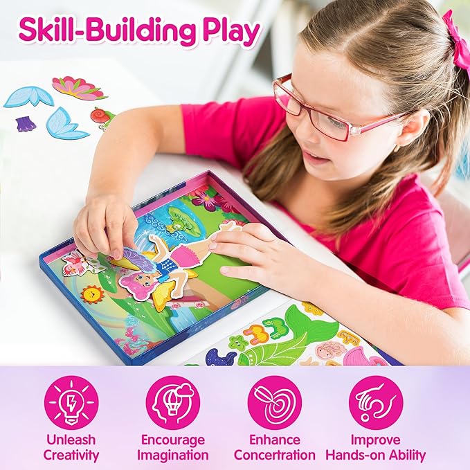 Mocoosy Magnetic Dress Up Dolls for Girls, Princess Mermaid Fairy Ballerina Magnet Doll Dress Up Kit, Travel Game Airplane Car Road Trip Activities Toy Birthday Easter Gift Toddler Girl Age 3 4 5 6 7
