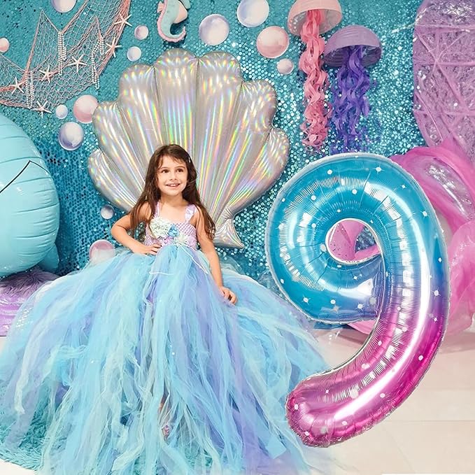 Mermaid Starry Number 9 Balloons, 40 Inch Large Purple Blue Pink Foil Number Balloons Set 0-9 for Girls, Globos de Numero 9 Helium Balloon for 9th Age Birthday Anniversary Party Decorations Supplies