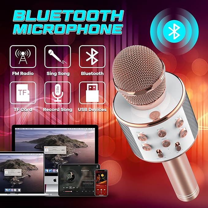 Microphone Gift Age 5-12 Girls Kids, Wireless Karaoke Microphone Toy for 6-11 Year Old Girl Children Singing Microphone Machine Gifts for 6-11 Year Old Girl Teens Birthday Gift for Girl Rose Gold MIC