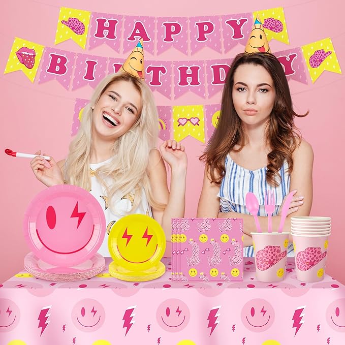 Dandat 175 Pcs Pastel Birthday Plates and Napkins Preppy Party Decorations Macaron Smile Happy Birthday Banner Supplies Serves 24 Guests Tableware Paper Plates Napkins Cups Tablecloths(Adorable)