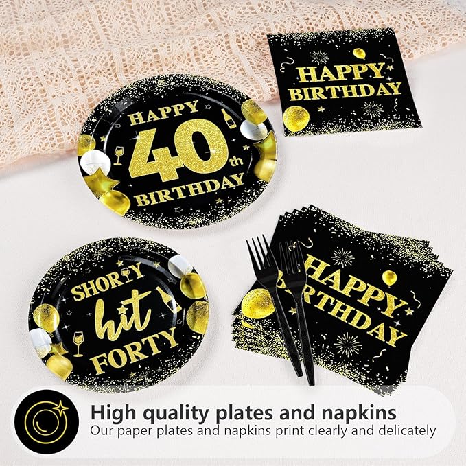 96Pcs 40th Birthday Party Supplies Black and Gold Shorty Hit Forty Plates and Napkins Gold Cheers to 40 Tableware Set for Women Men Happy 40th Birthday Party Supplies，Serves 24
