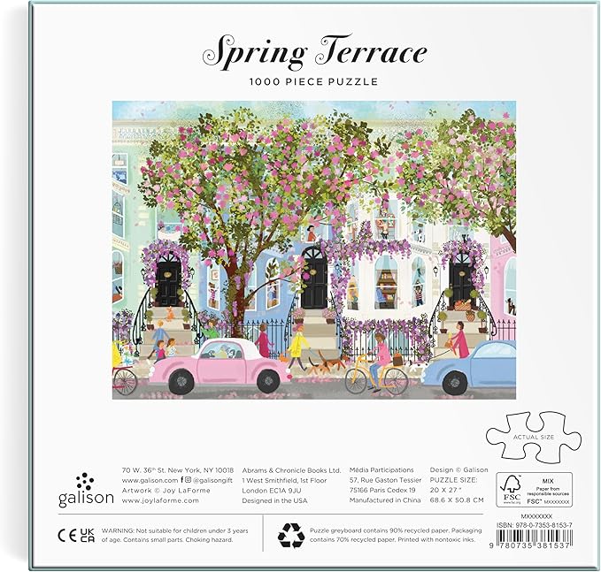 Galison Spring Terrace – 1000 Piece Joy Laforme Puzzle Featuring a Magnolia Filled Neighborhood Day On A Spring Day