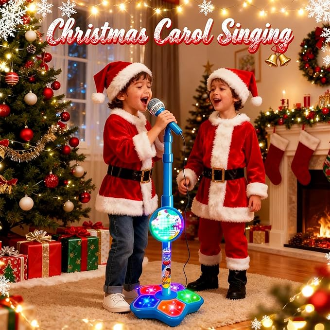 Karaoke Machine Toy with Light, Kids Karaoke Microphone with Stand, Adjustable Stand, Built-in Music, Colorful Lights, and Echo Effects, Birthday for Girls Boys (Pink)