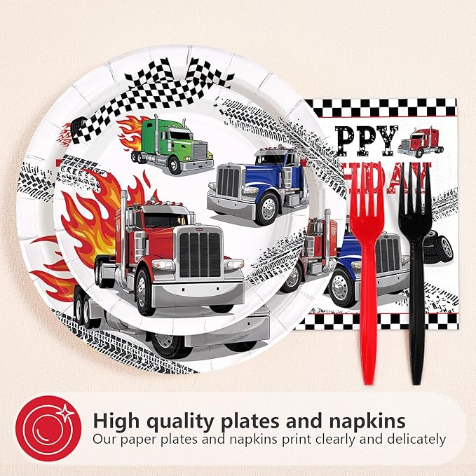 96Pcs Semi Truck Birthday Party Decorations Truck Car Happy Birthday Plates and Napkins Sets Transportation Theme Decorations for Truck-Theme Transportation Construction Bday Party Supplies Serves 24