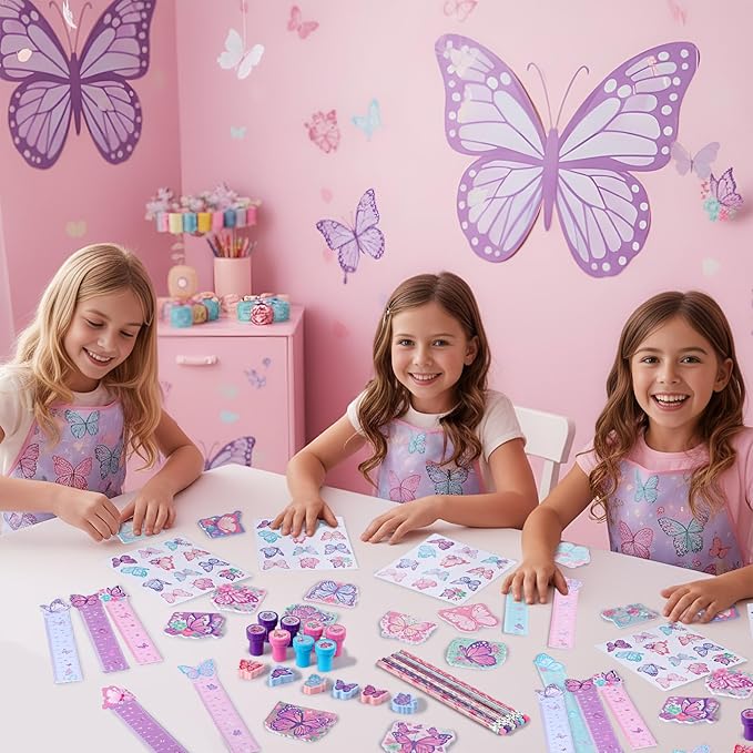 Pajean 168 Pcs Butterfly Party Favors Set Butterfly Fairy Stationery Bulk for Kids Purple Pink Pencil Notebook Ruler Stamp Goodie Bag Stuffers for Spring Birthday Tea Party Items Rewards