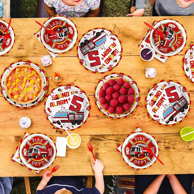 Grencian 96Pcs 5th Fire Truck Birthday Party Supplies Sound the Alarm 5th Birthday Plates and Napkins Tableware Set Red White Decoration for 5 Years Old Fire Theme Fireman Firetruck Serve 24