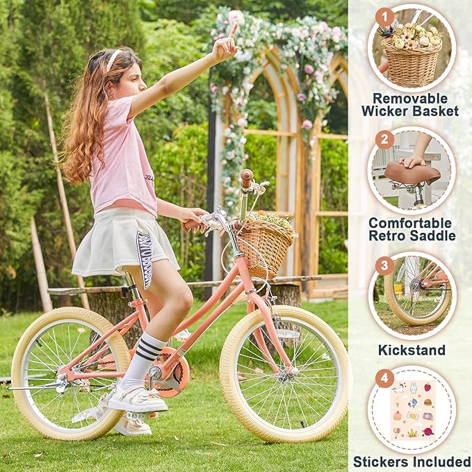 Petimini Vintage Kids Bike for Girls, 12–20 Inch Classic Bicycle with Wicker Basket & Bell, High Tensile Steel Frame, Training Wheels (12–18”), 85% Pre-Assembled, Retro Bike for Outdoor Riding