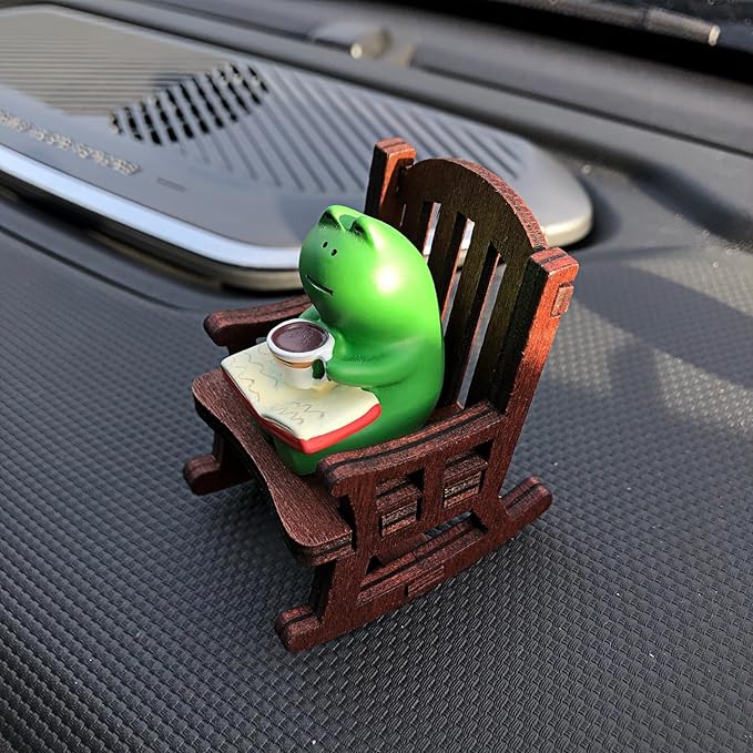 Cute Coffee Frogs on Rocking Chair Statues Collectibles Figurines Ornaments for Car Dashboard Decorations Accessories Interior Dash Board Charms Birthday Cake Toppers Decoration Decor
