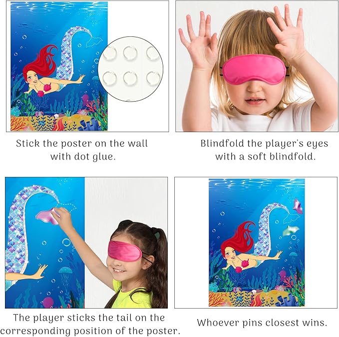 Morcheiong Pin The Tail on The Mermaid Birthday Party Game with 48pcs Tails for Kids Mermaid Birthday Supplies Decorations Favors