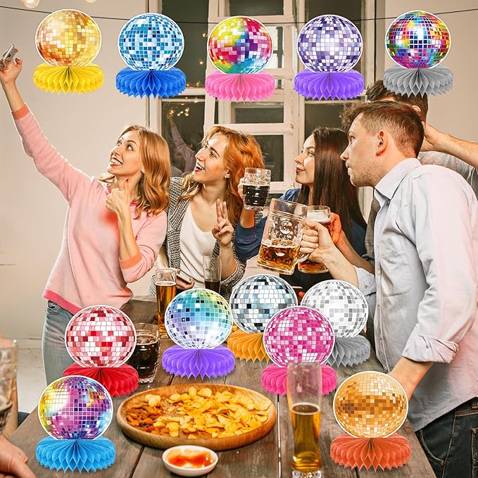 12PCS Disco Ball Centerpieces Disco Ball Party Decorations Colorful Disco Ball Table Decor 70s 80s Theme Music Party Honeycomb Centerpieces for Party Birthday Supplies