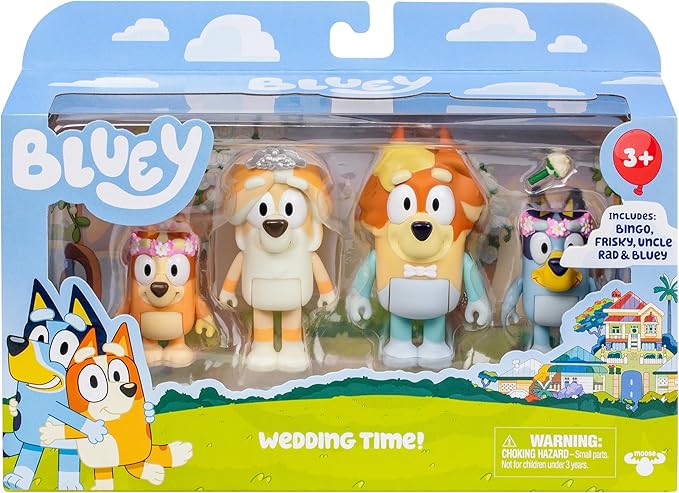 Bluey Wedding Figures Pack of 4, Articulated Character Toys with Uncle Rad, Frisky, and Flower Bingo Figurines, Action Figures for Kids Ages 3+