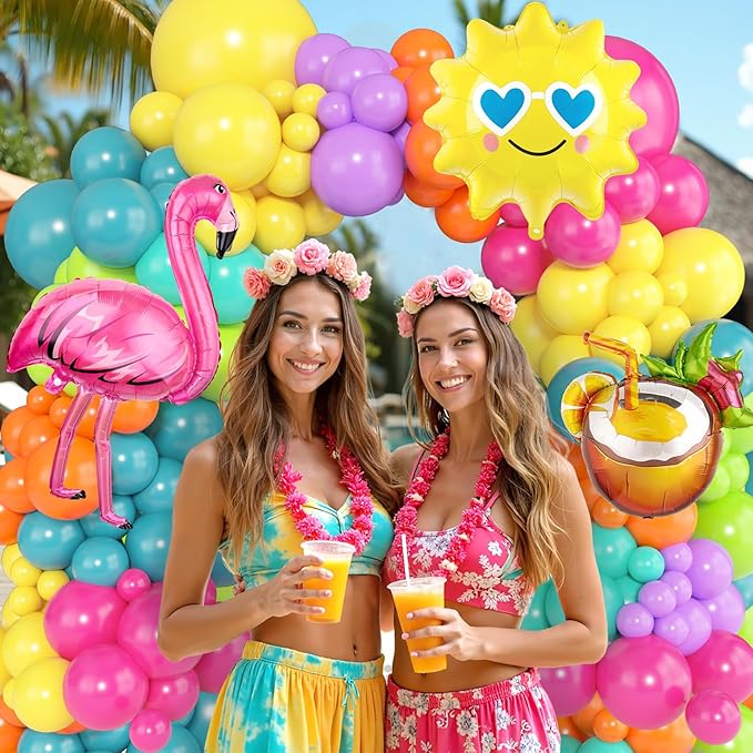 164Pcs Summer Tropical Balloon Arch Garland Kit, Rainbow Hot Pink Green Orange Blue Purple Sun Coconut Flamingo Foil Balloons for Hawaiian Luau Aloha Baby Shower Birthday Party Decorations Supplies