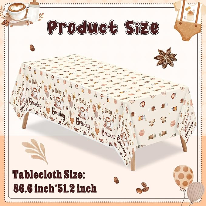 K1tpde 3PCS A Baby is Brewing Baby Shower Party Tablecloths for Kids, Coffee Themed Brown Plastic Tablecloths, Coffee Disposable Table Covers for Birthday Decorations, Pregnancy Diaper Party Supplies