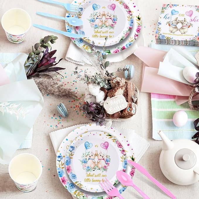 Yungyan 231 Pcs Easter Bunny Gender Reveal Party Supplies, Serve 25, Easter Baby Shower Tableware Paper Plates Tablecloth Cups Napkins Straws and Napkins for Birthday Tableware Table Party Favors