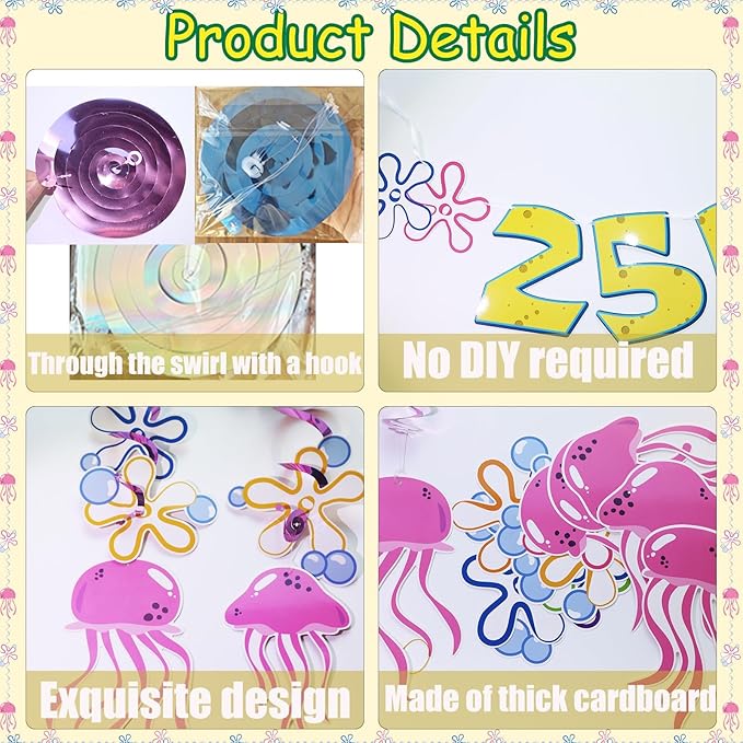 25 Years Later Birthday Banner Carton Sponge Banner Jelly Fish Hanging Swirls Garlands Sea Animals Hanging Banner for Birthday Party Decorations Supplies Party Favors