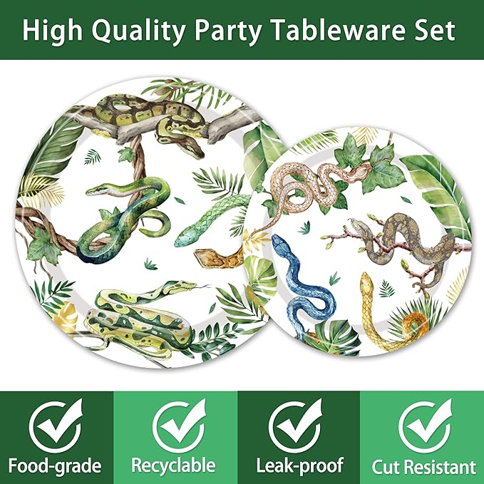 Reptile Snake Birthday Party Decorations - 96 PCS Snake Plates and Napkins Party Supplies Jungle Wildlife Wilderness Reptile Snake Disposable Tableware Set Serve 24 Guests