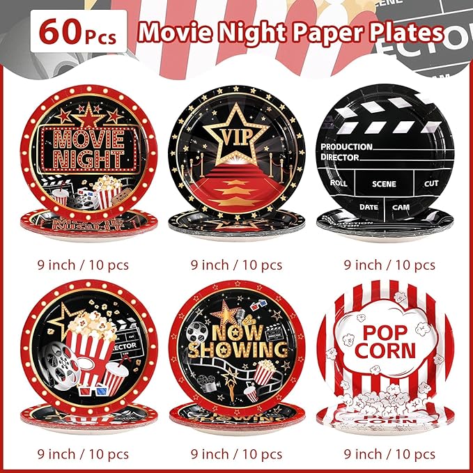 Grencian 60 Pcs Movie Night Paper Plates 9" Disposable Heavy Duty Now Showing Theater Dessert Paper Plates Movie Theme Tableware Set for Film Action Light Camera Red Carpet Birthday Party Decorations