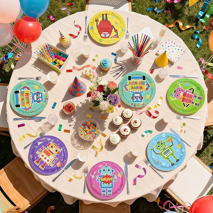 60Pcs Robot Birthday Party Decorations 9 Inch Disposable Heavy Duty Robot Birthday Paper Plates Cartoon Robots Funny Colorful Dessert Themed Plates for Boys Kids Baby Shower Game Party Supplies