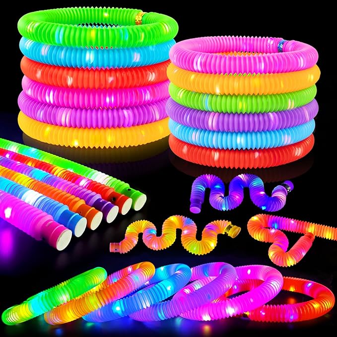 Easter Basket Stuffers for Toddlers-6 PCS Light Up Pop Tube Toys Gifts for Kids,LED Glow Stick Bracelet Necklace Party Accessories,Fun Outdoor Camping Essentials Games Activities for Boys Girls