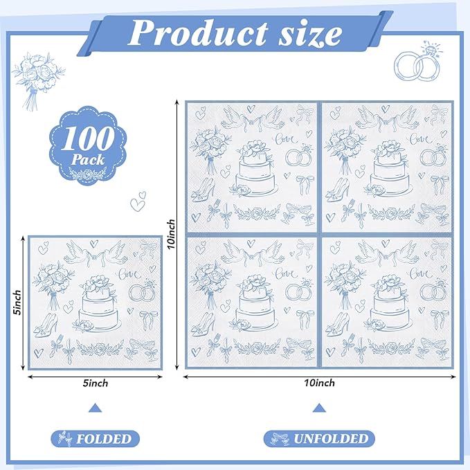 100 Pcs Wedding Napkins, Blue and White Engagement Cocktail Napkins Something Blue Bridal Shower Napkin for Bachelorette Party, Wedding, Bridal Shower