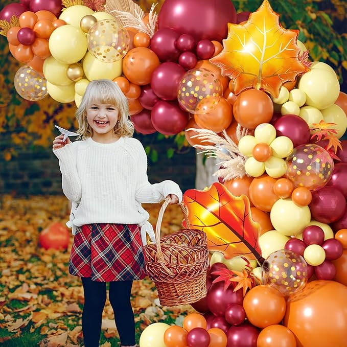 Fall Balloon Arch Kit, Thanksgiving Balloon Garland with Wine Red Orange Pastel Yellow Balloons with Leaf Foil Balloons for Thanksgiving Autumn Fall Birthday Baby Shower Party Decorations