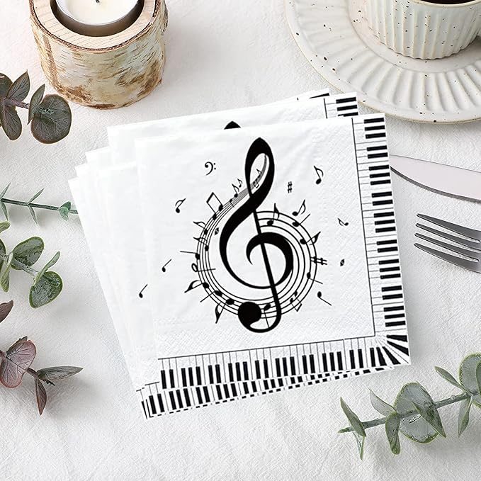 100Pcs Music Note Napkins Notes Party Supplies Disposable Musical Cocktail Luncheon Dinner Napkin for Themed Karaoke Birthday Decorations, Black & White