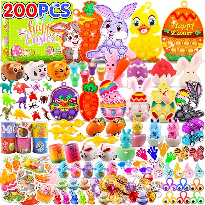 200PCS Easter Egg Fillers, Easter Basket Stuffers for Kids - Assorted Easter Toys for Egg Stuffers, Egg Hunt Prizes