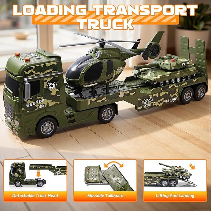 Green Military Large Truck Toys,21" Semi Army Truck Toy with Helicopters & Tank, Friction Powered Vehicles with Lights and Sounds,Christmas Birthday Gift for Kids Boys Girls Toddlers 3 4 5 6 7