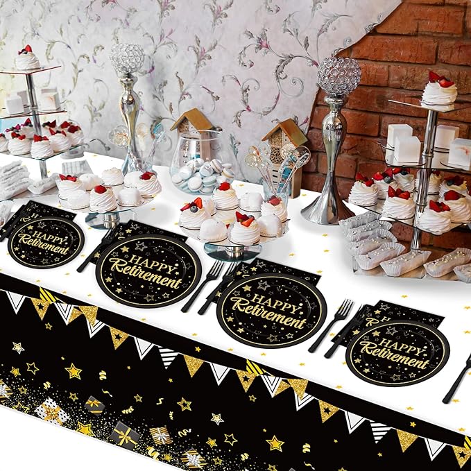 Wiooffen 24 Guests Happy Retirement Party Supplies, Black Gold Retirement Plates Napkins Tablecloth Forks Set for Man and Woman, Disposable Tableware Graduations Party Decorations Favors