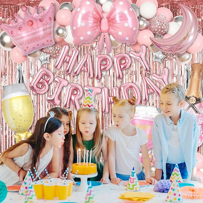 Ouddy Life Pink Happy Birthday Party Decorations for Women Girls, Pink Happy Birthday Love Crown Bow Bottle Lipstick Balloons Fringe Curtain for Princess Birthday Wedding Baby Shower Party Supplies