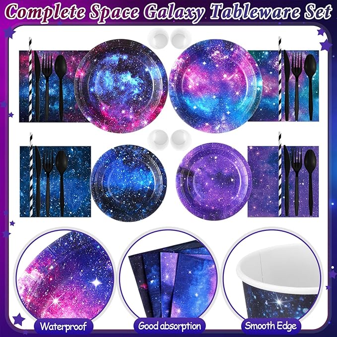 450 Pcs Space Galaxy Tableware Set Decorations, Starry Sky Paper Plates Napkins Cups Cutlery Straws for Outer Space Theme Birthday Baby Shower Party Supplies, Serves 50