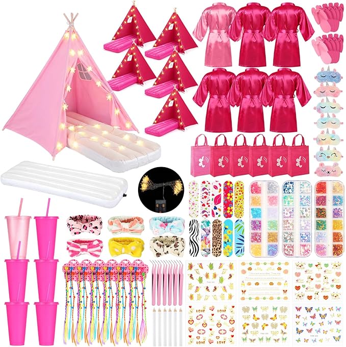 6 Set Sleepovers Teepee Tents Spa Party Robes Supplies Bulk with Inflatable Airbed and Light String, Party Supplies for Birthday Movie Spa Favors Gifts Indoor Outdoor(1 Pink,5 Rose Red)