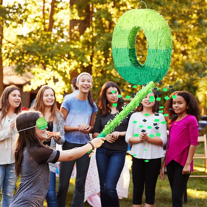 Number Piñata Decorations 16 Inch Gradient Green Piñata with Blindfold Stick and Confetti for Birthday Baby Shower Safari Jungle Themed Party Supplies Centerpiece(Number 0)