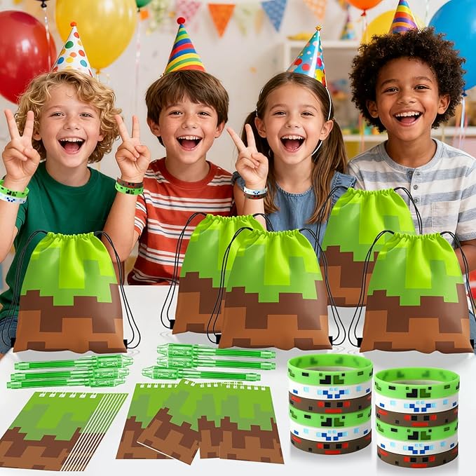 Pixel Theme Party Favors, Miner Game Birthday Party Supplies & Goodie Bags for Kids, Include Drawstring Bags Notebook Silicone Bracelet Highlighter for Gifts Fillers