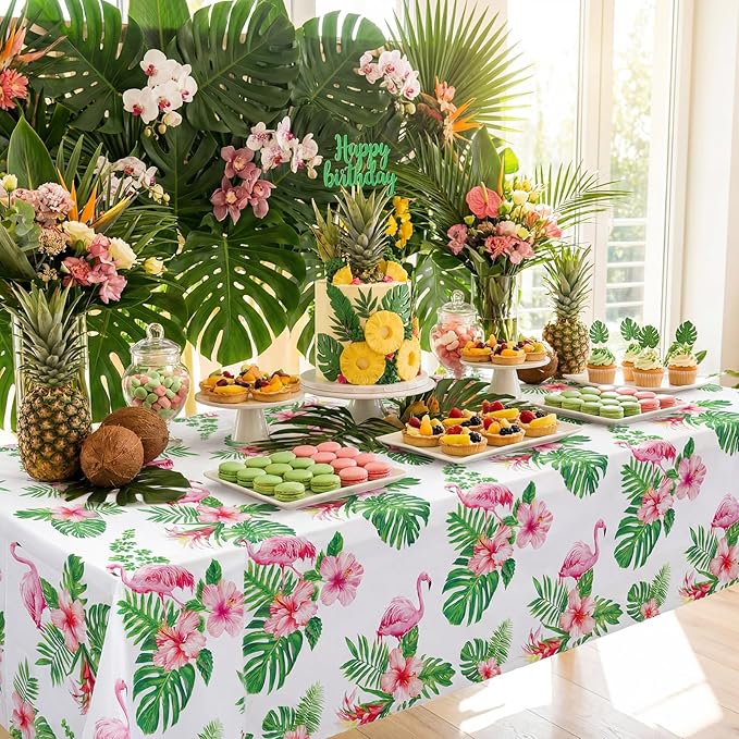 3 Pack Hawaiian Luau Party Tablecloth, 54 x 108 Inch Disposable Tropical Palm Leaves Table Cloth Waterproof Rectangle Table Cover for Summer Beach Pool Cocktail Party Decorations