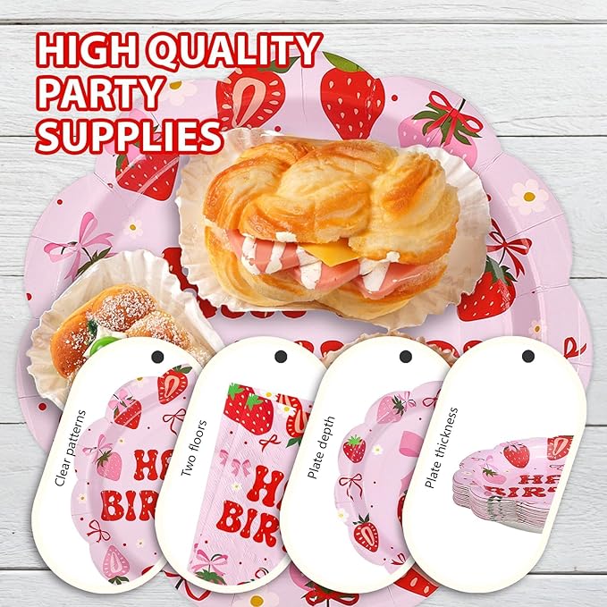 96 Pcs Pink Strawberry Birthday Party Decorations Scalloped Sweet Bow Berry Plate and Napkin Disposable Fruit Berry Tableware Set for Birthday Baby Shower Girls Party Supplies Serve 24